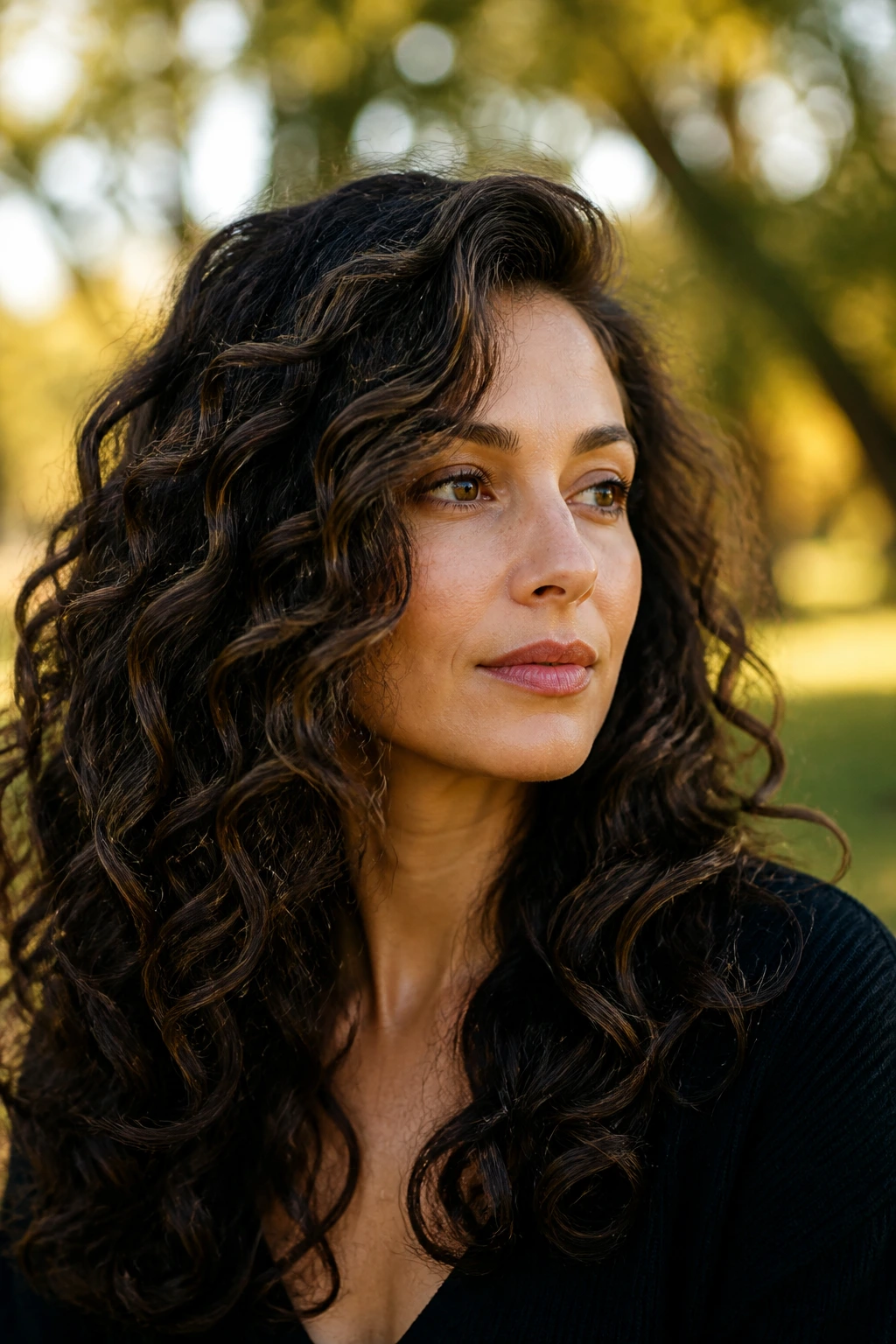 Close-up of a real woman with soft S-curve curls and rooted espresso lowlights