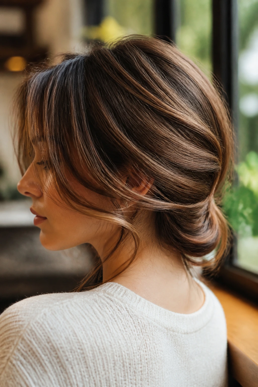 Portrait of a real woman with a back tuck forming an S-curve at the nape and soft face-framing layers