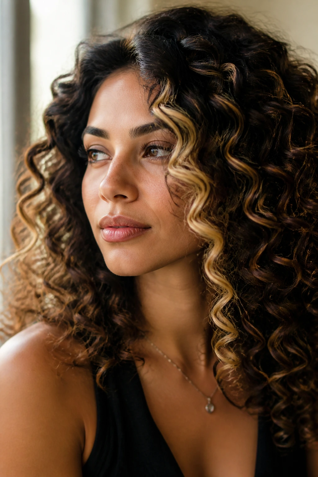 Close-up of a real woman with curly hair showing soft S-pattern highlights along the curls.