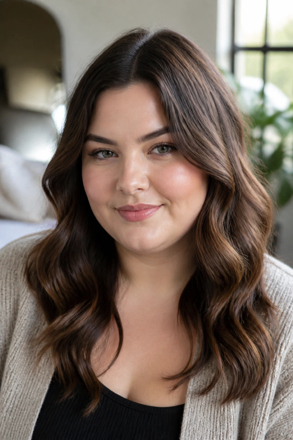 Close-up of real person with soft S-waves and sleek mid-length hair in natural light.