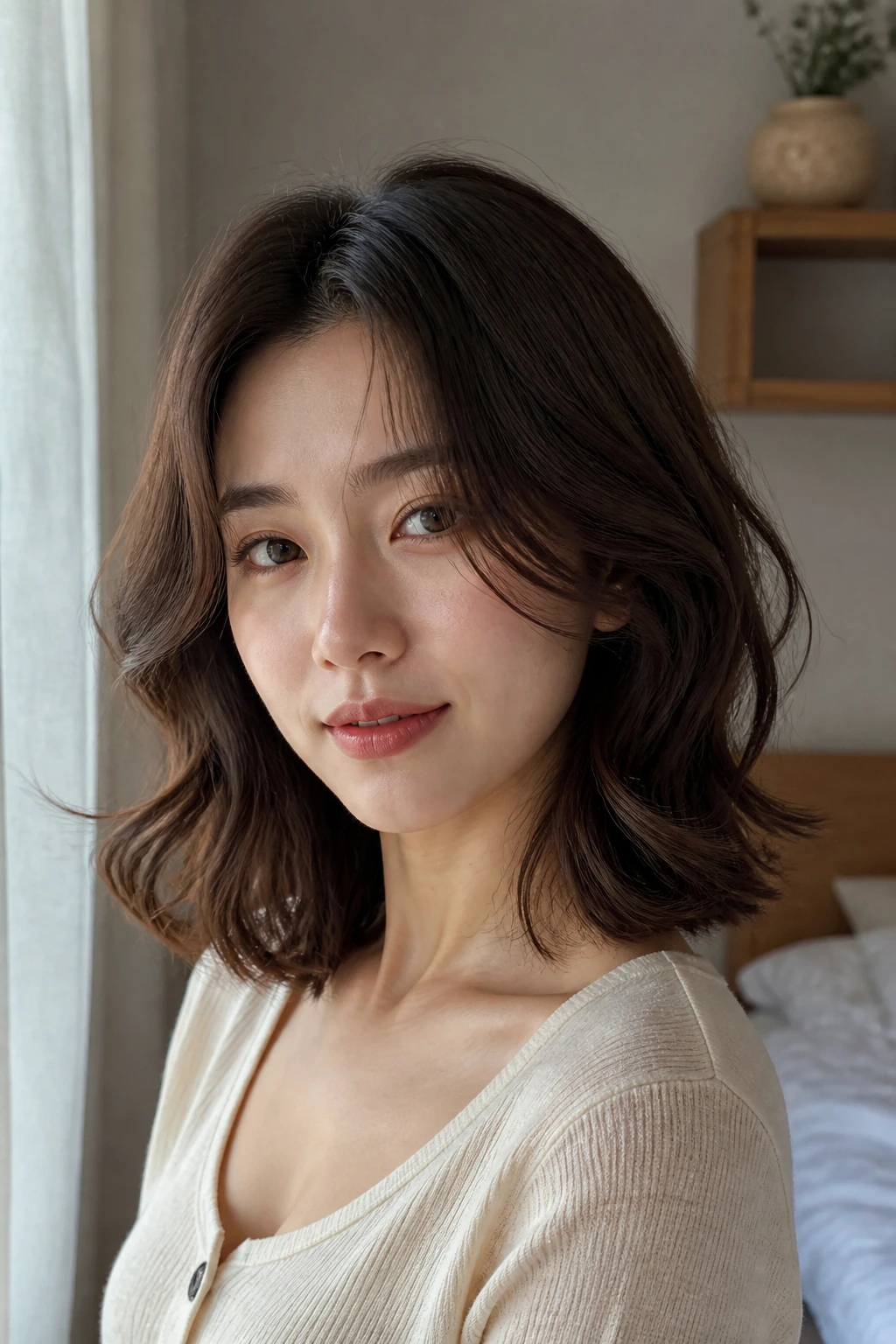 Soft S-waves on shoulder-length hair, close-up portrait of a real woman