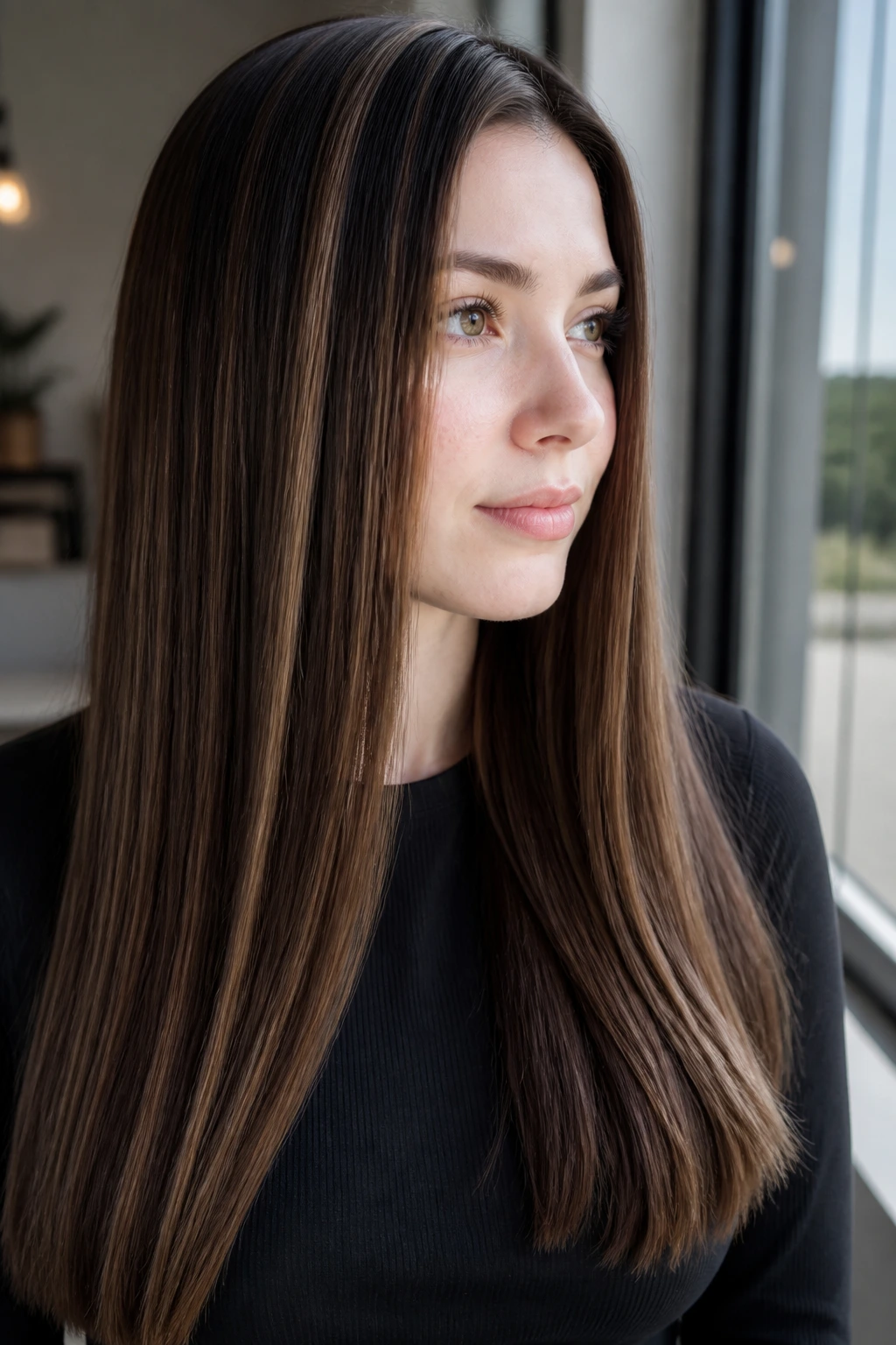 Hair with soft sable panels on a real person in a sleek style