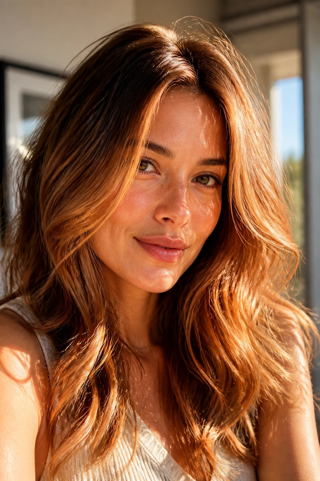 Close-up of a real woman wearing soft saffron strawberry brunette in golden light