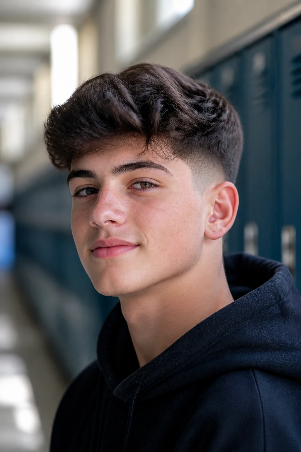Close-up of teen with soft school fade in a school hallway
