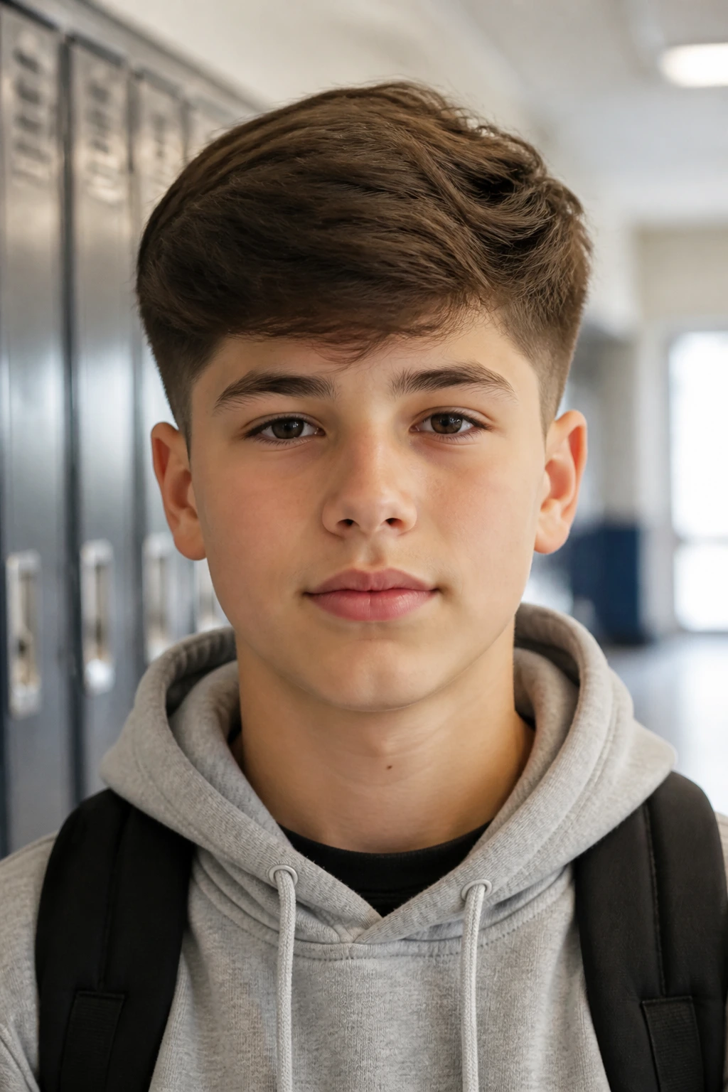 Close-up of a real boy showing Soft School Swoop in a school hallway
