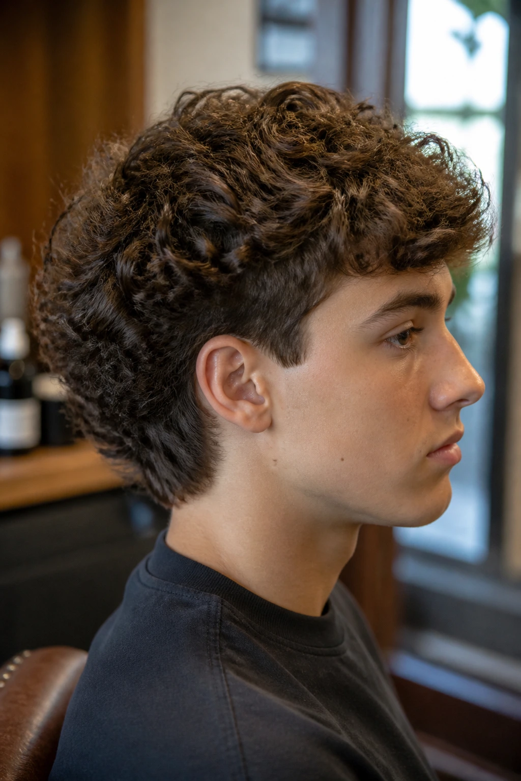 Close-up of a real boy with a soft scissor cut and tapered neckline showing curls.