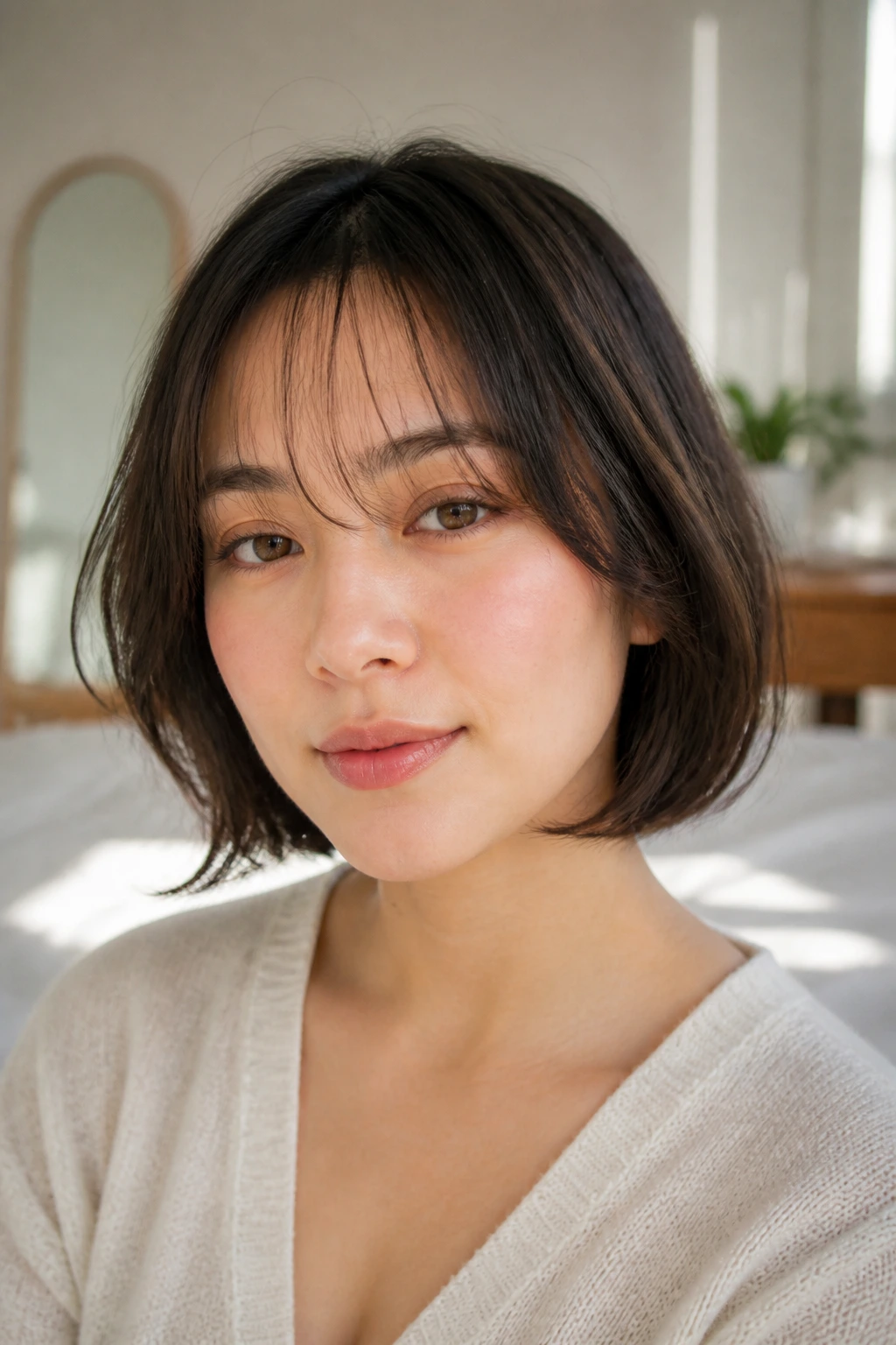 Close-up of a real woman with soft see-through bangs lightly skimming the brow