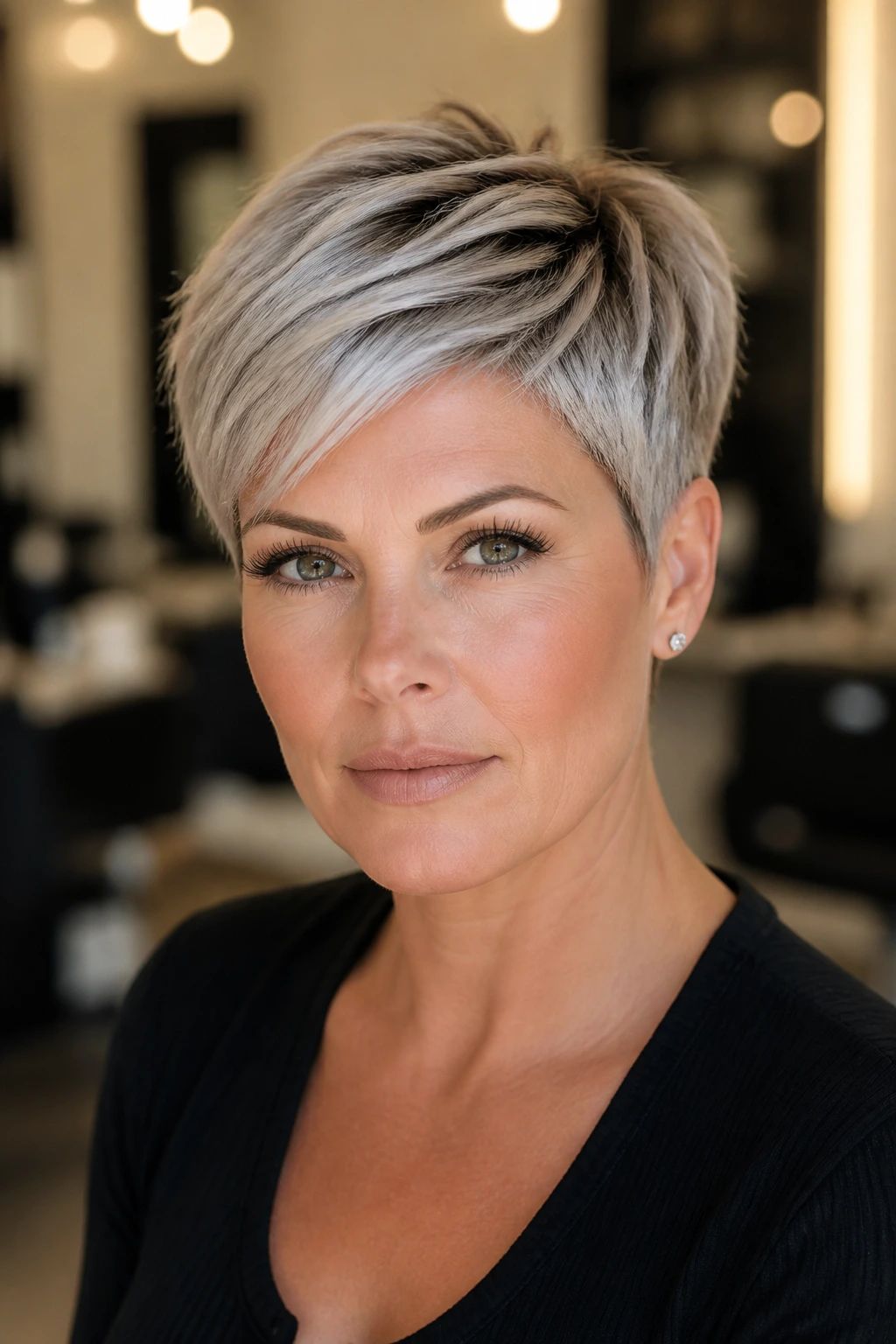 Close-up of a real woman with Soft Shadow Platinum hair in a salon setting