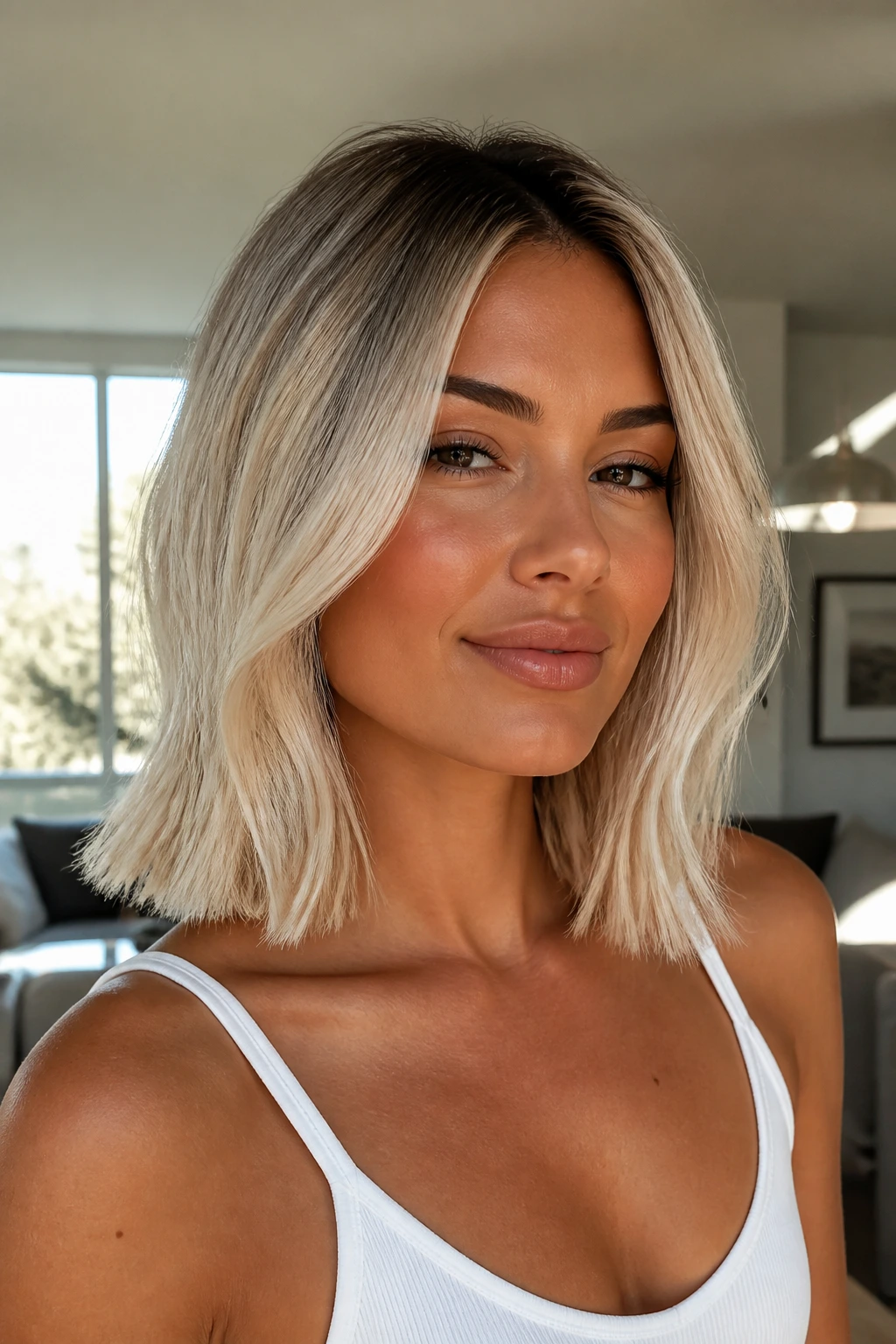 Close-up of collarbone-length lob with soft shadow-root on tan skin