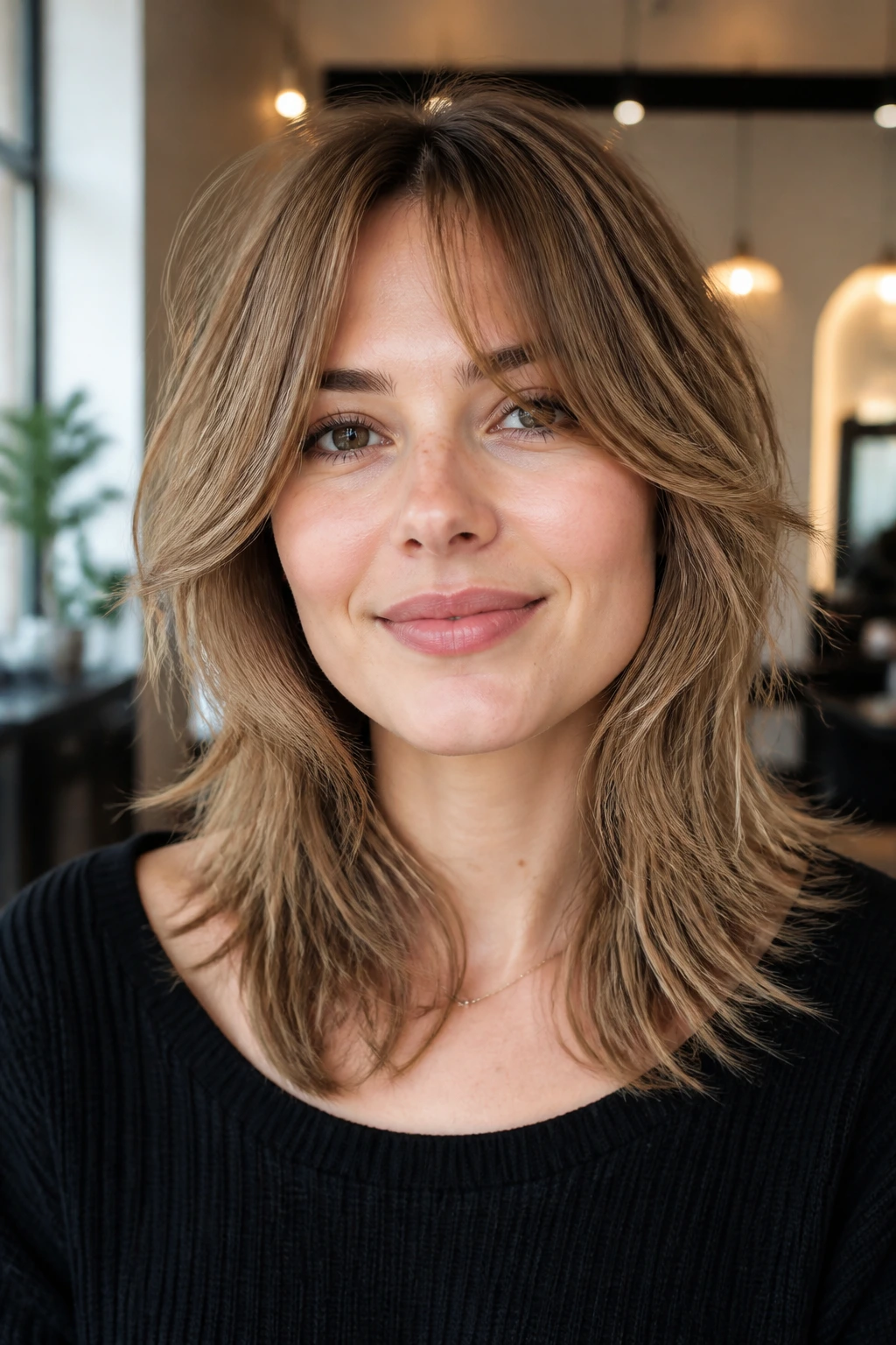 Close-up portrait of a real woman with a soft shag hairstyle on fine hair in a bright salon setting