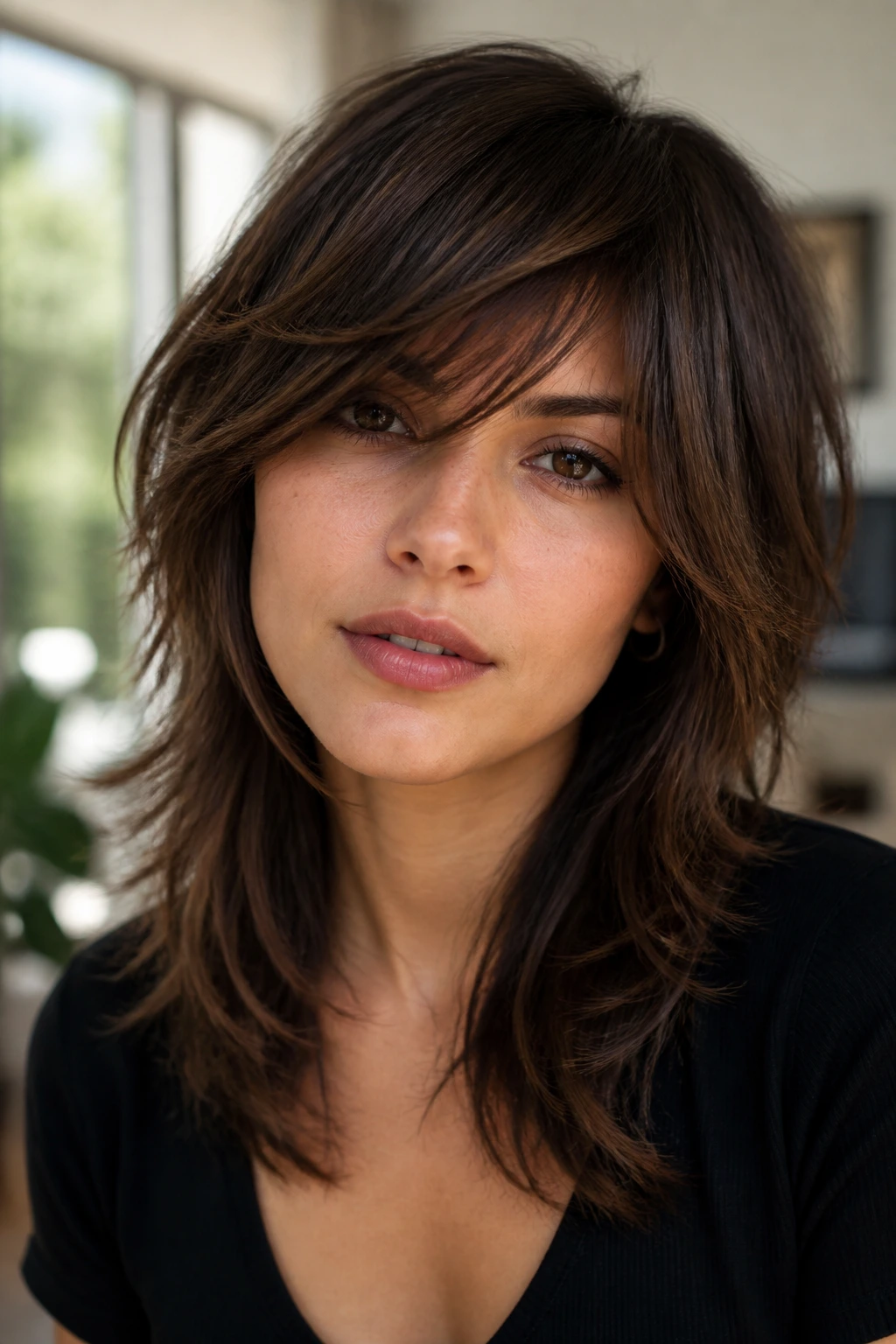 Real woman with soft shag and airy side-swept bangs