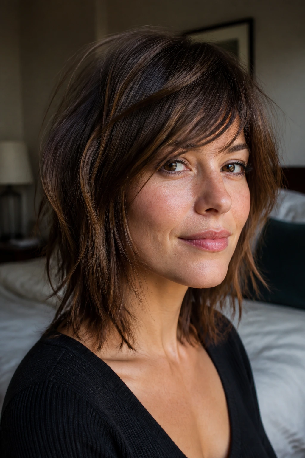 Real woman with a soft shag bang angle blending into textured layers