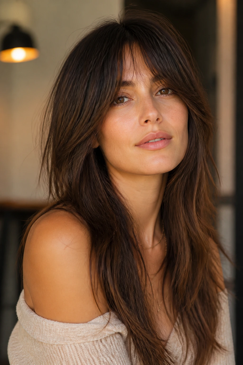 Close-up portrait of a real woman with soft shag and wispy bangs