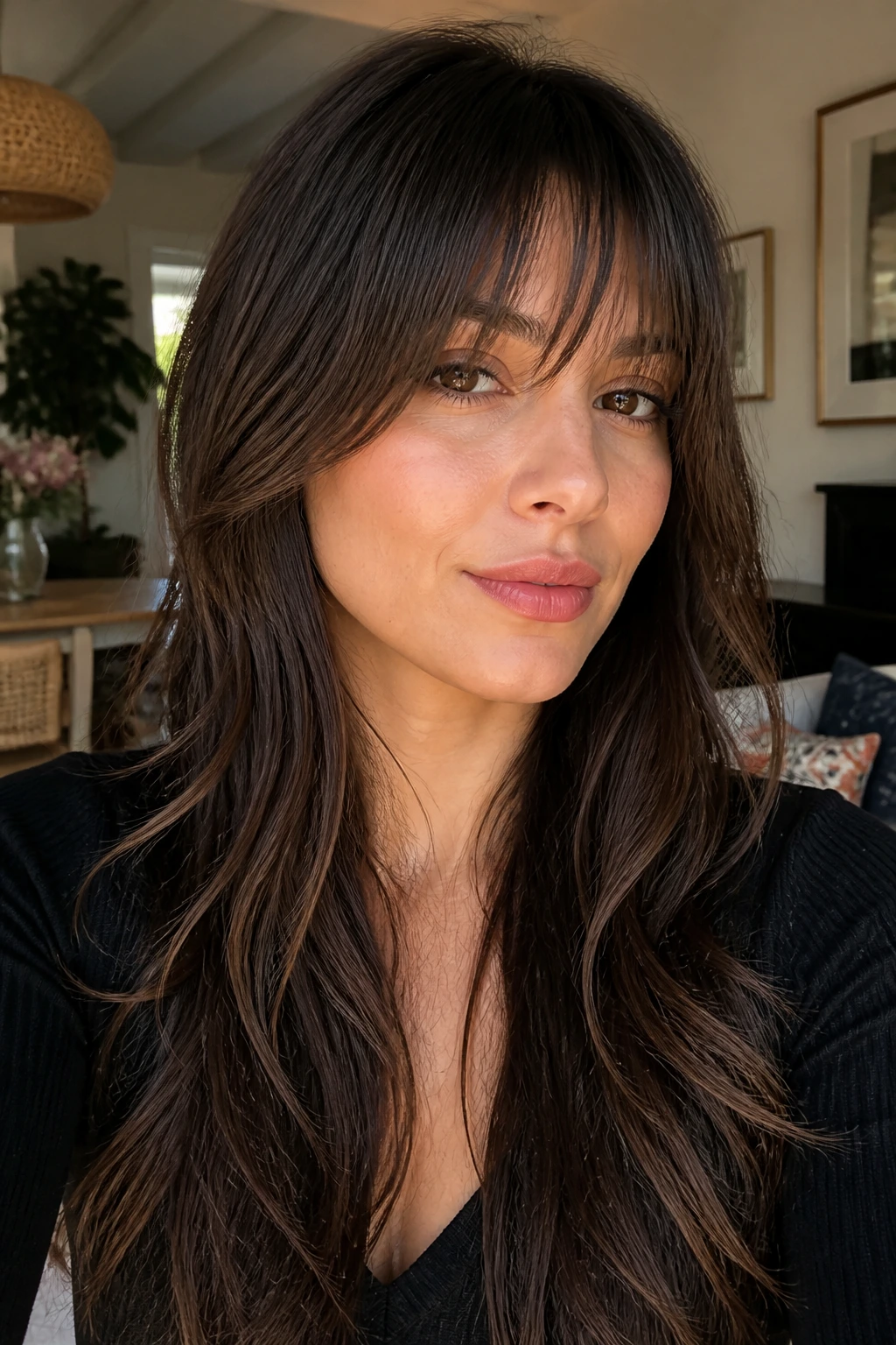Real person with soft shag bangs and long layers in warm light