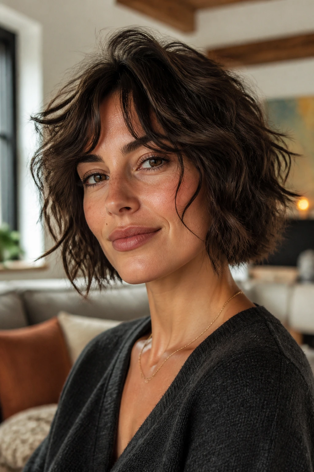 Close-up of a real woman with a soft shag bob and blended layers in natural light.