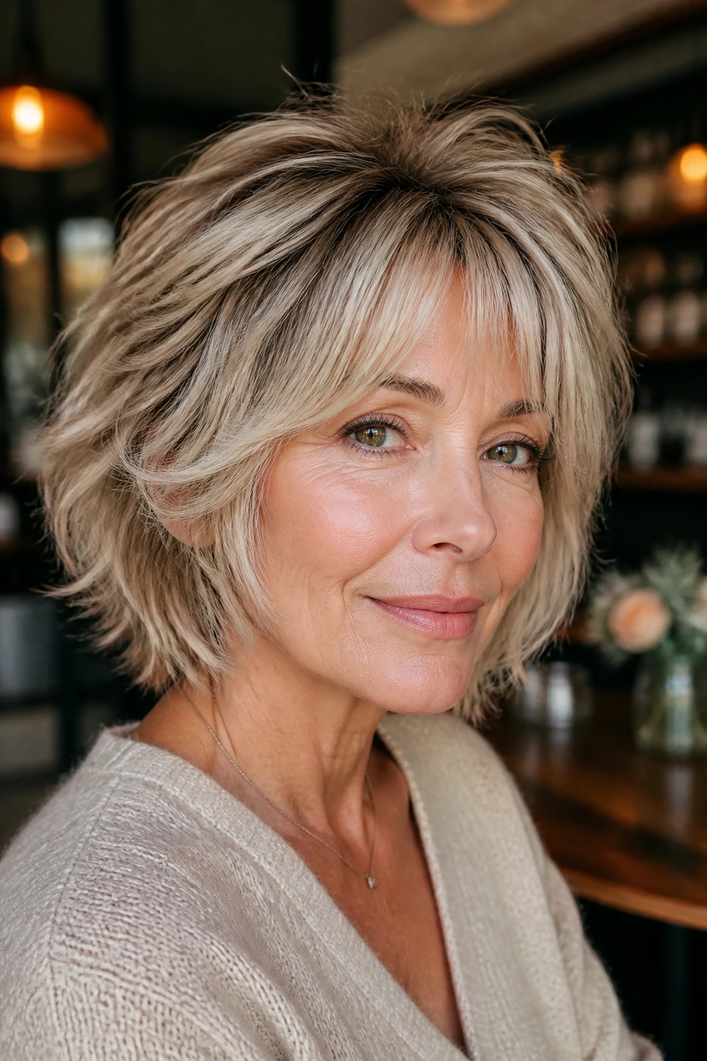 Real woman with soft shag bob and curtain bangs, warm cafe lighting.