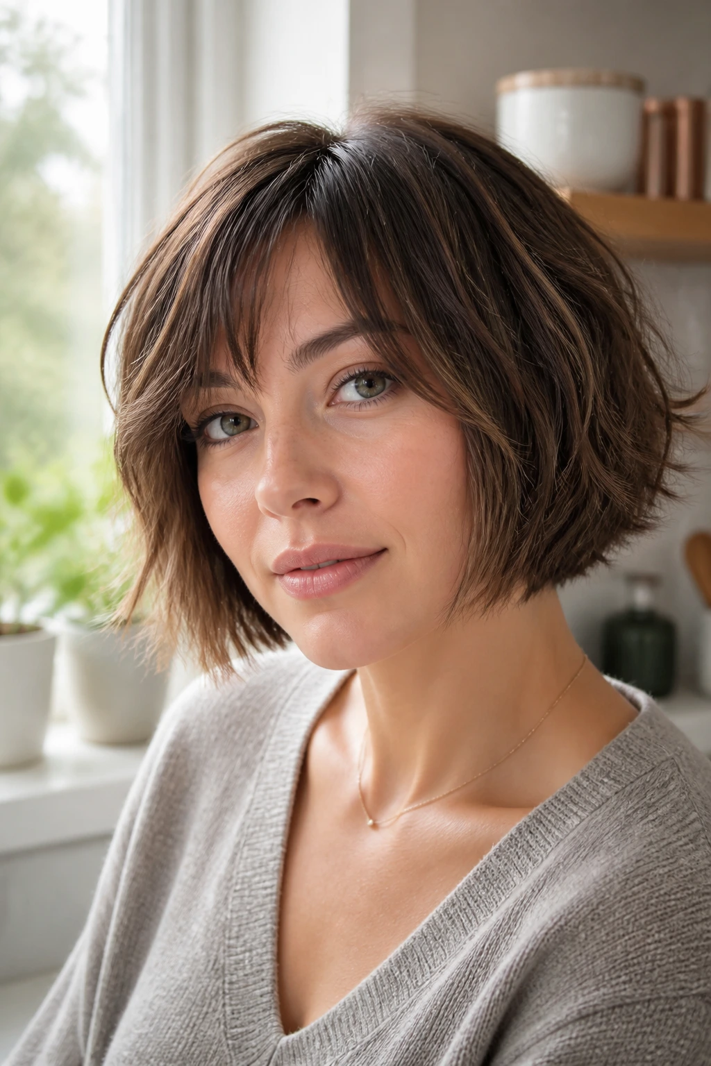 Portrait of a woman with a soft shag bob at chin length, soft layers and movement.