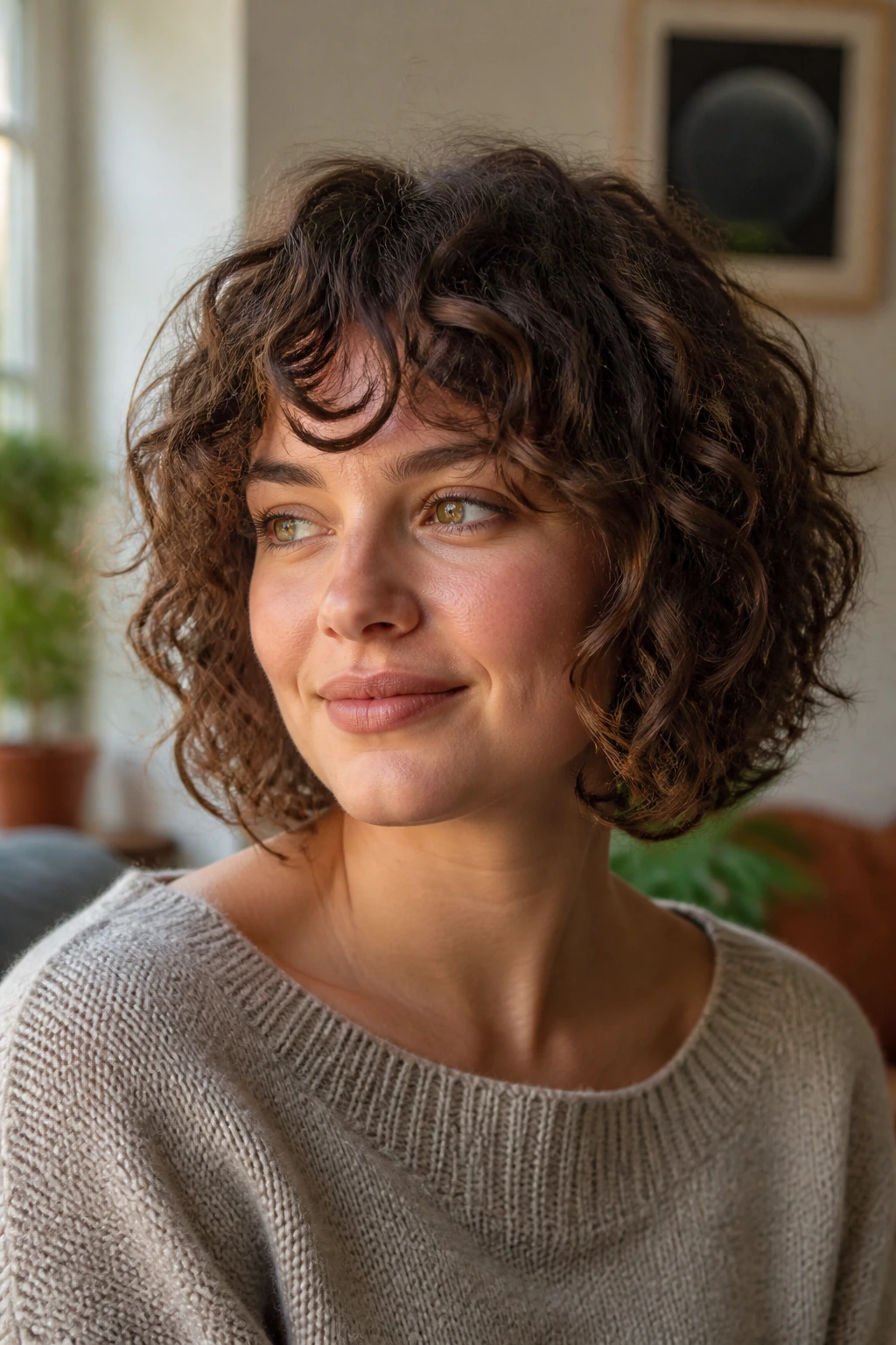 Close-up of a real woman with a soft shag bob and loose ringlets in warm natural light.