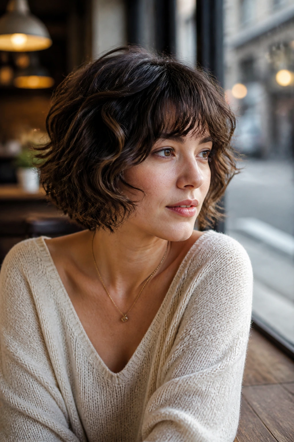Close-up of a real woman with a soft shag bob showcasing feathered, separated layers.