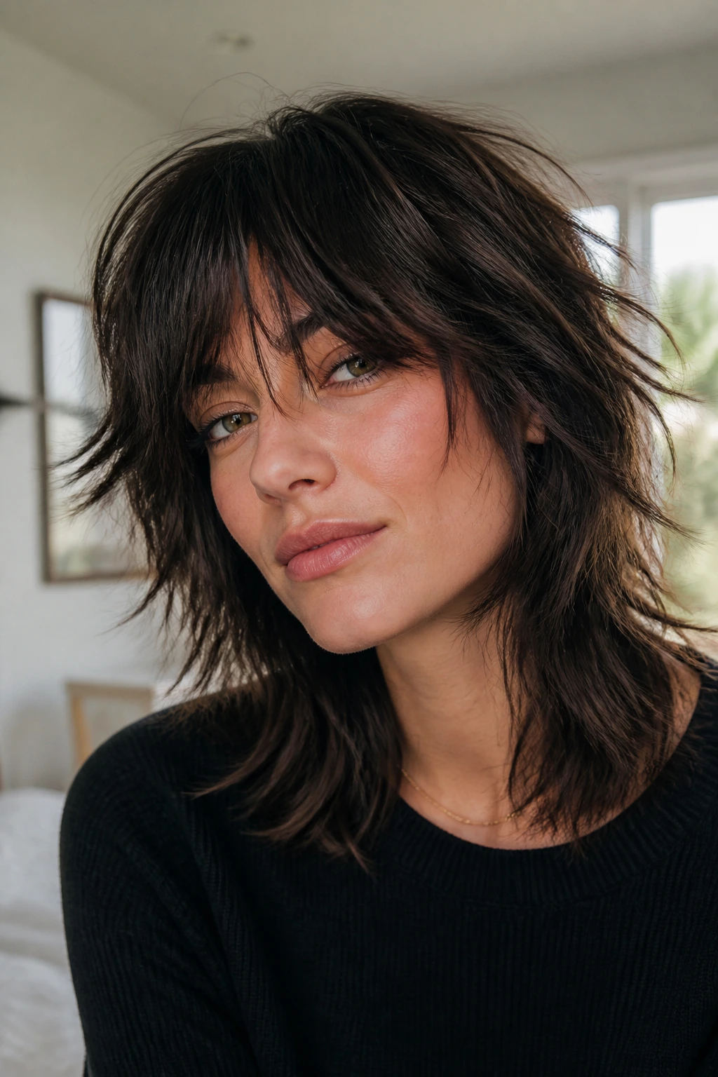 Close-up of a real woman with a soft shag and broken-up ends