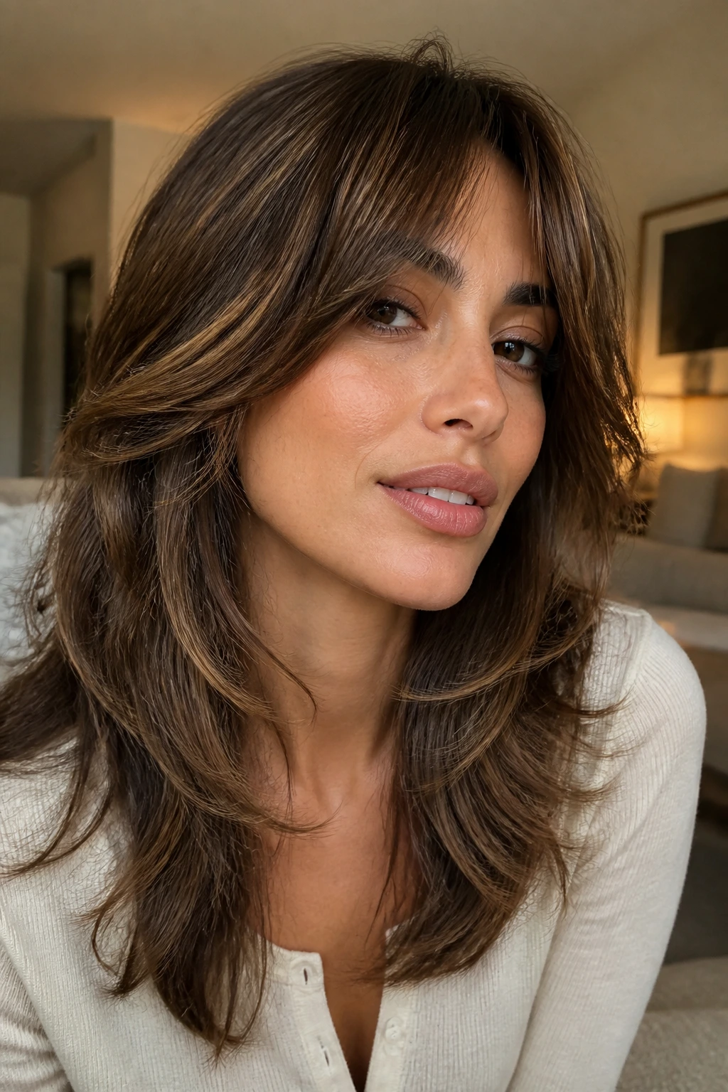 Portrait of real woman with soft shag layers and caramel lowlights