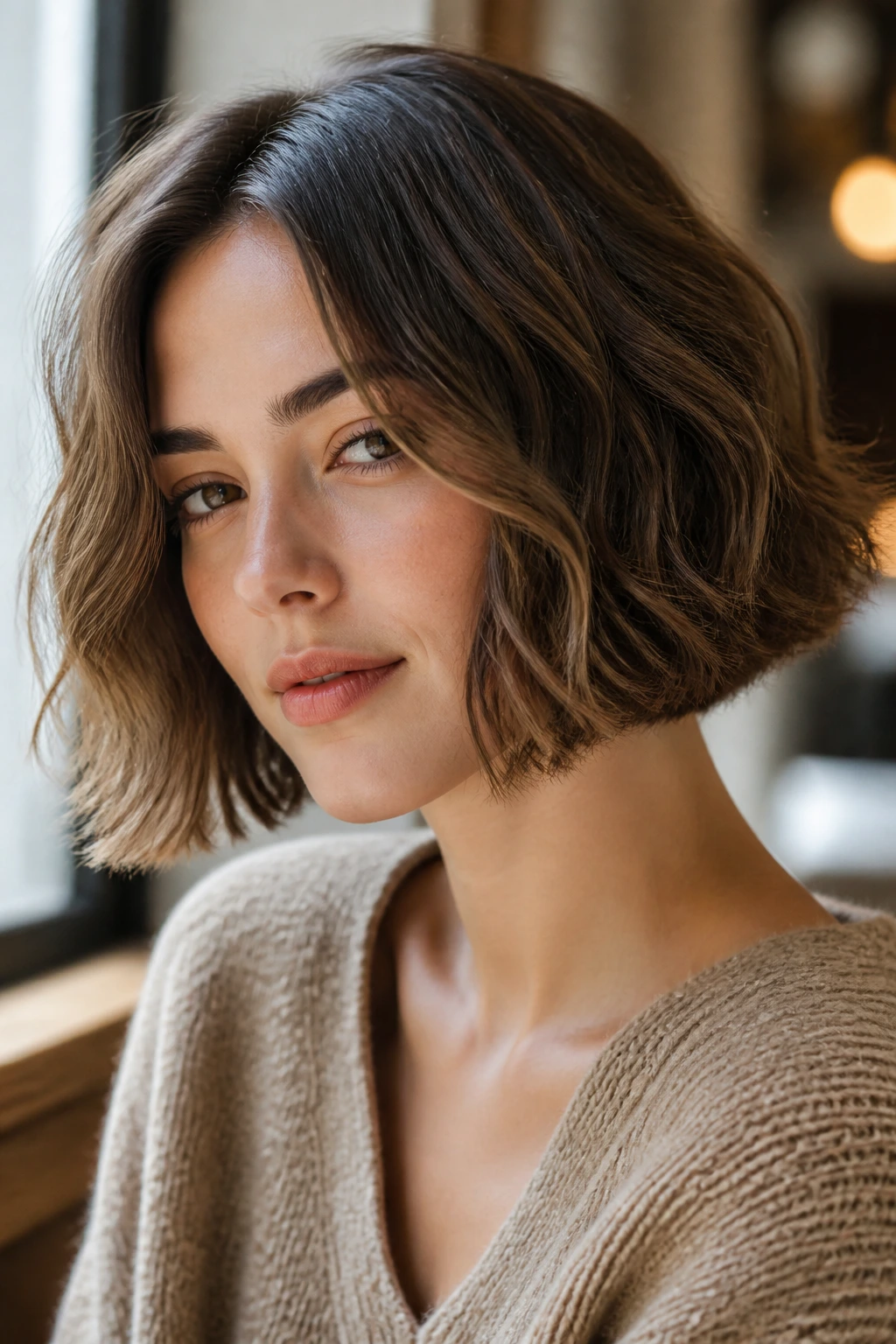 Close-up of a real woman with a soft shag center bob in a cozy natural-light setting