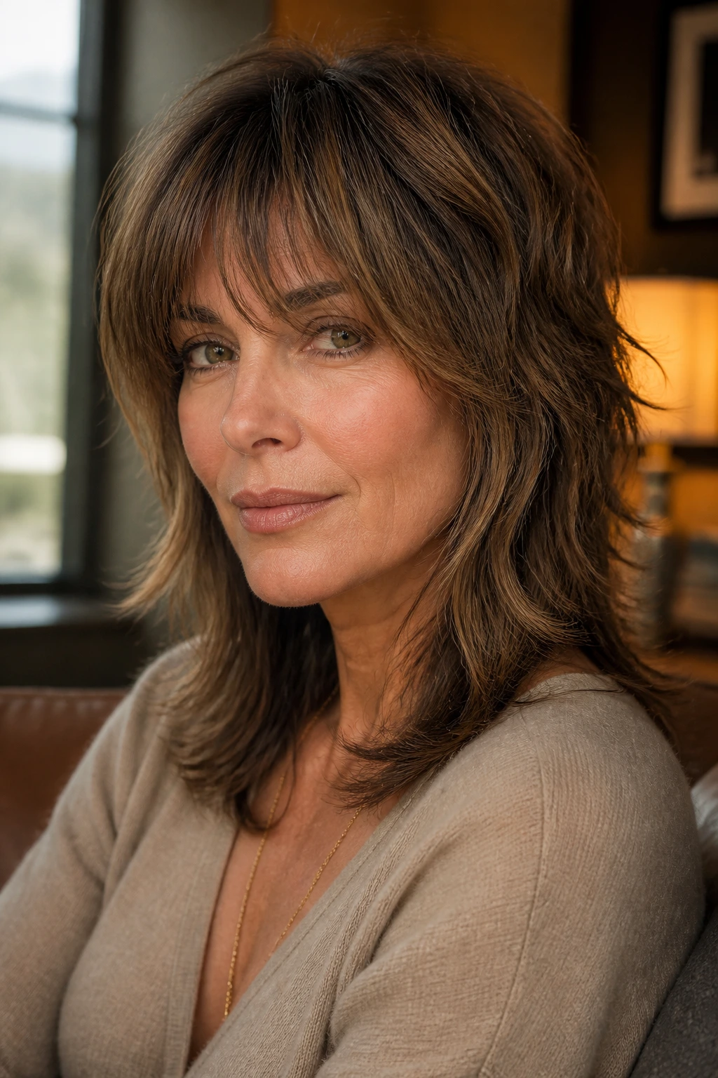 Portrait of a woman with soft shag and cheekbone bangs