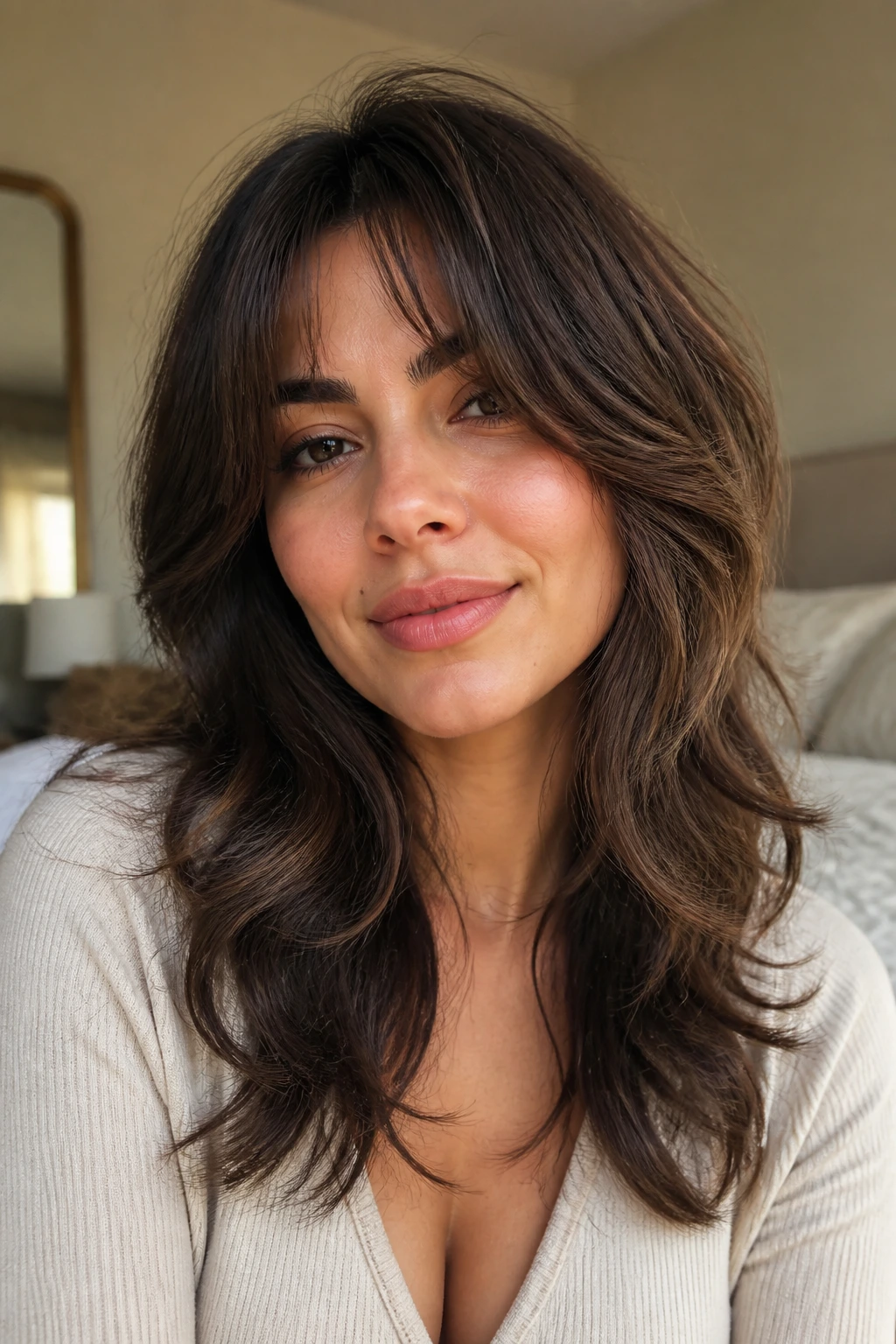 Close-up portrait of a real woman with cheekbone-length soft shag layers in a cozy room