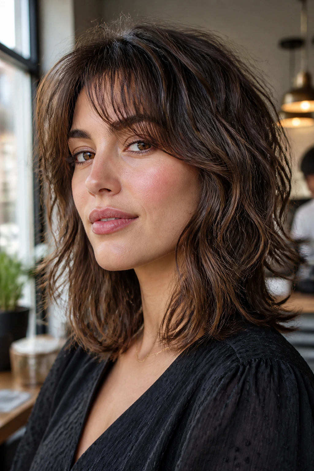Real woman with soft shag and cheekbone layers