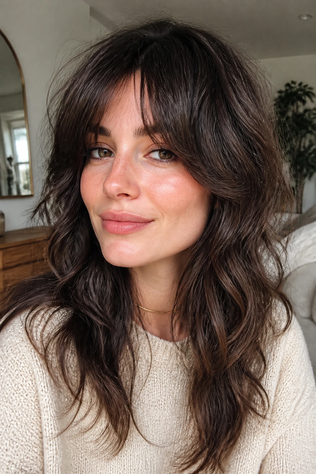 Portrait of a woman with soft shag and cheekbone framing pieces.