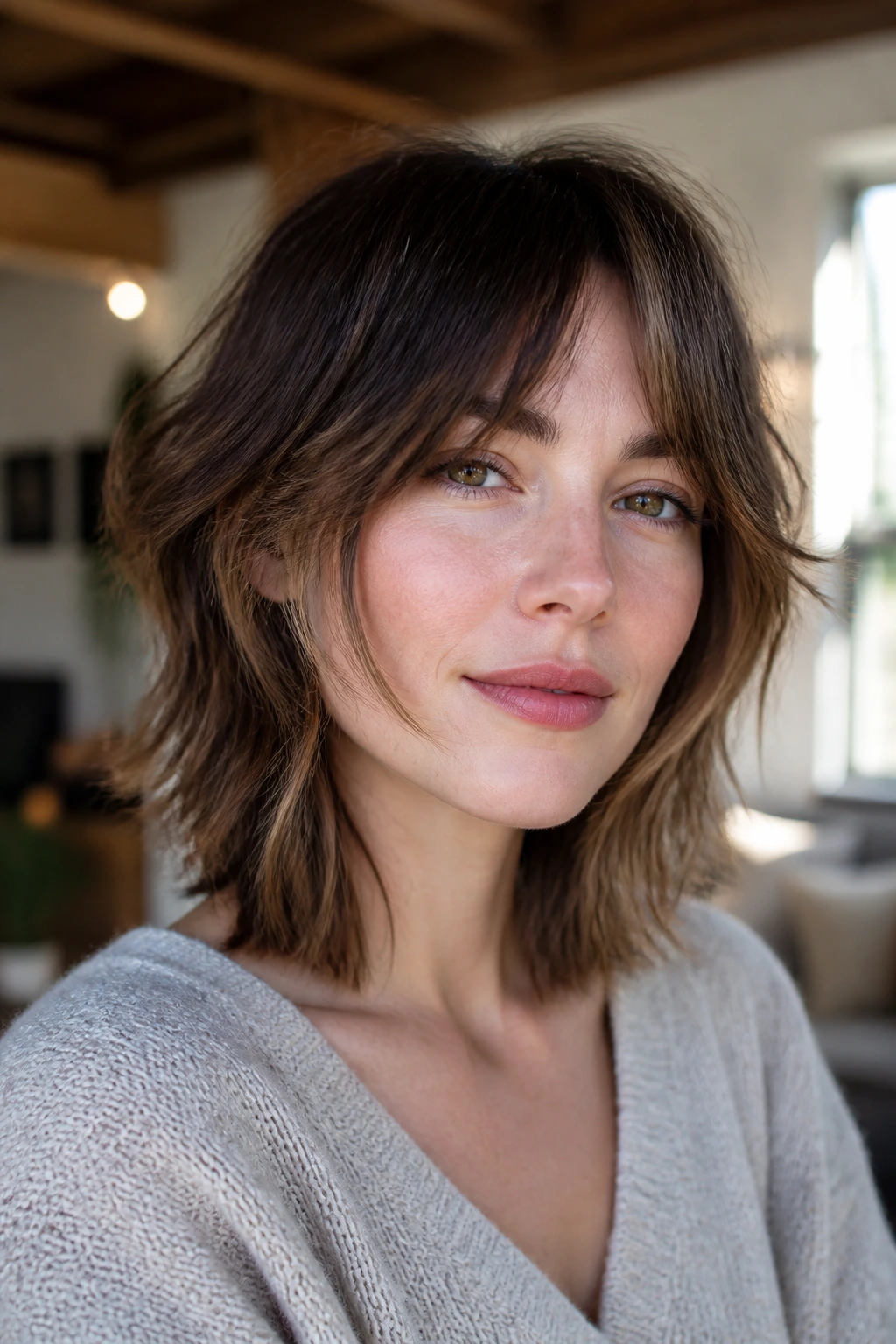 Portrait of person with soft shag and cheekbone framing pieces