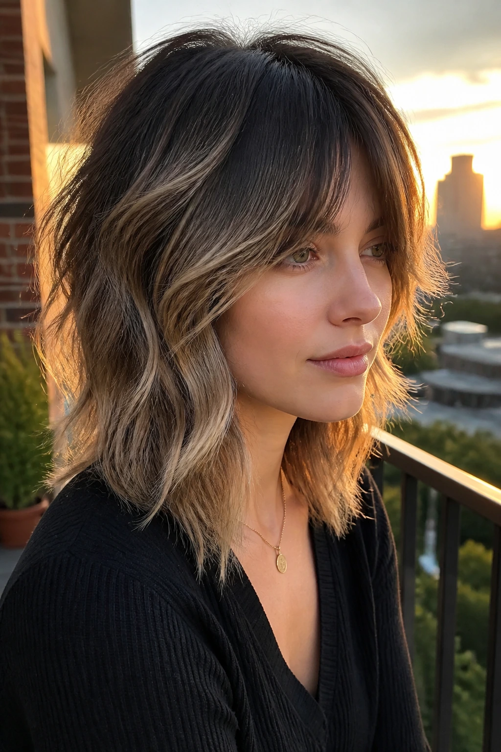 Portrait of a woman with soft shag and dark crown depth