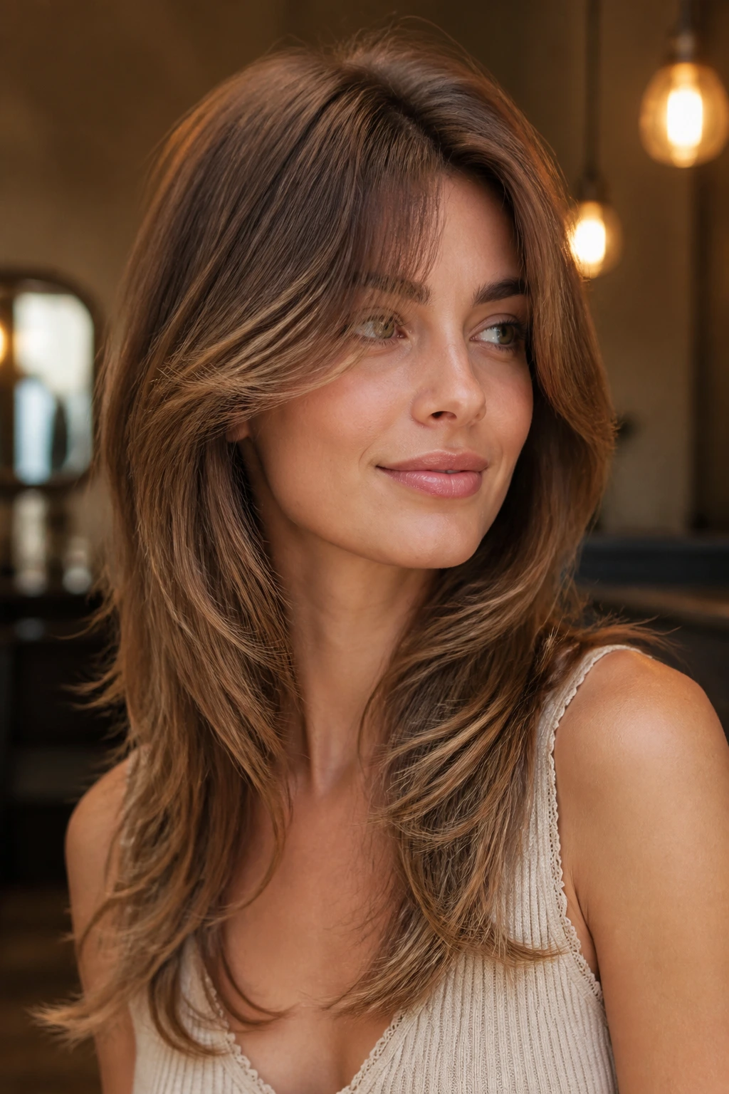 Soft shag layers with crown lift on long hair