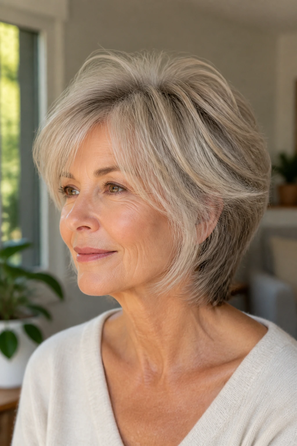 Close-up of an older woman with a soft shag and crown lift hairstyle.