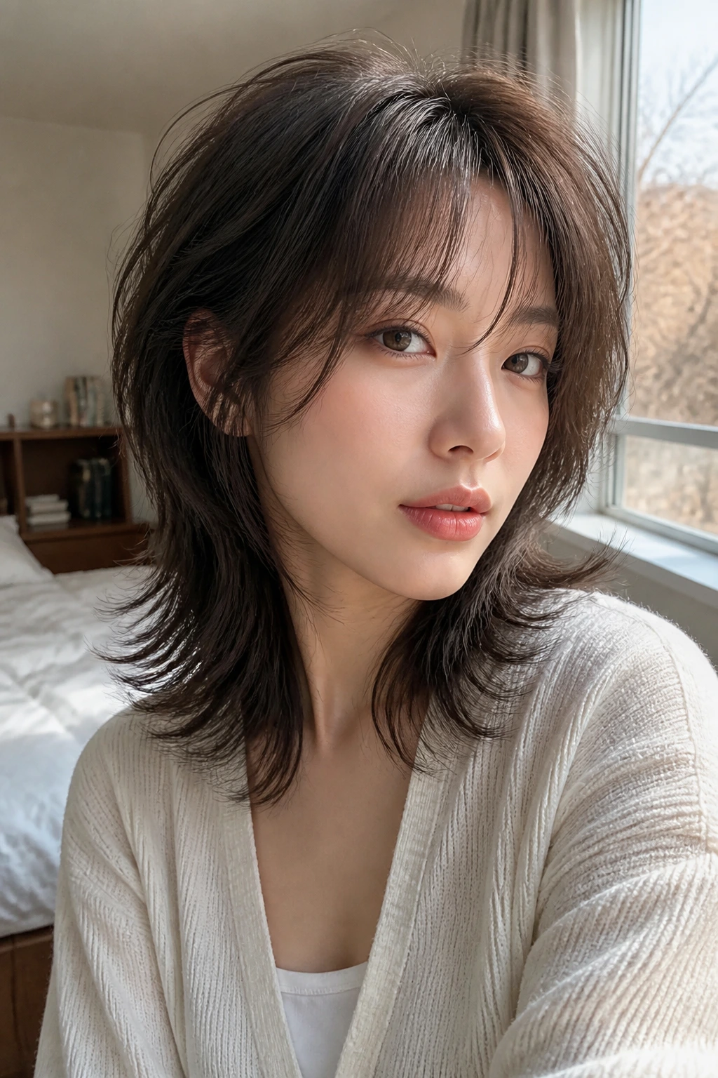 Woman with soft shag and wispy crown texture framing her face