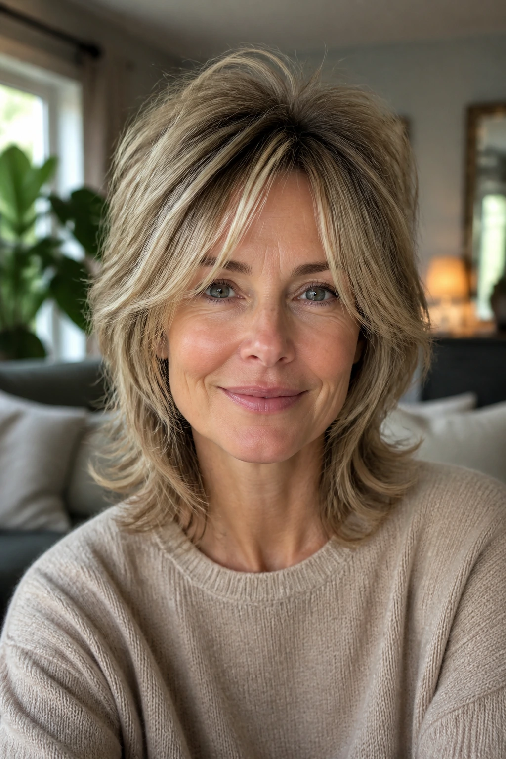 Portrait of a woman with soft shag hairstyle showing crown volume in a bright living room
