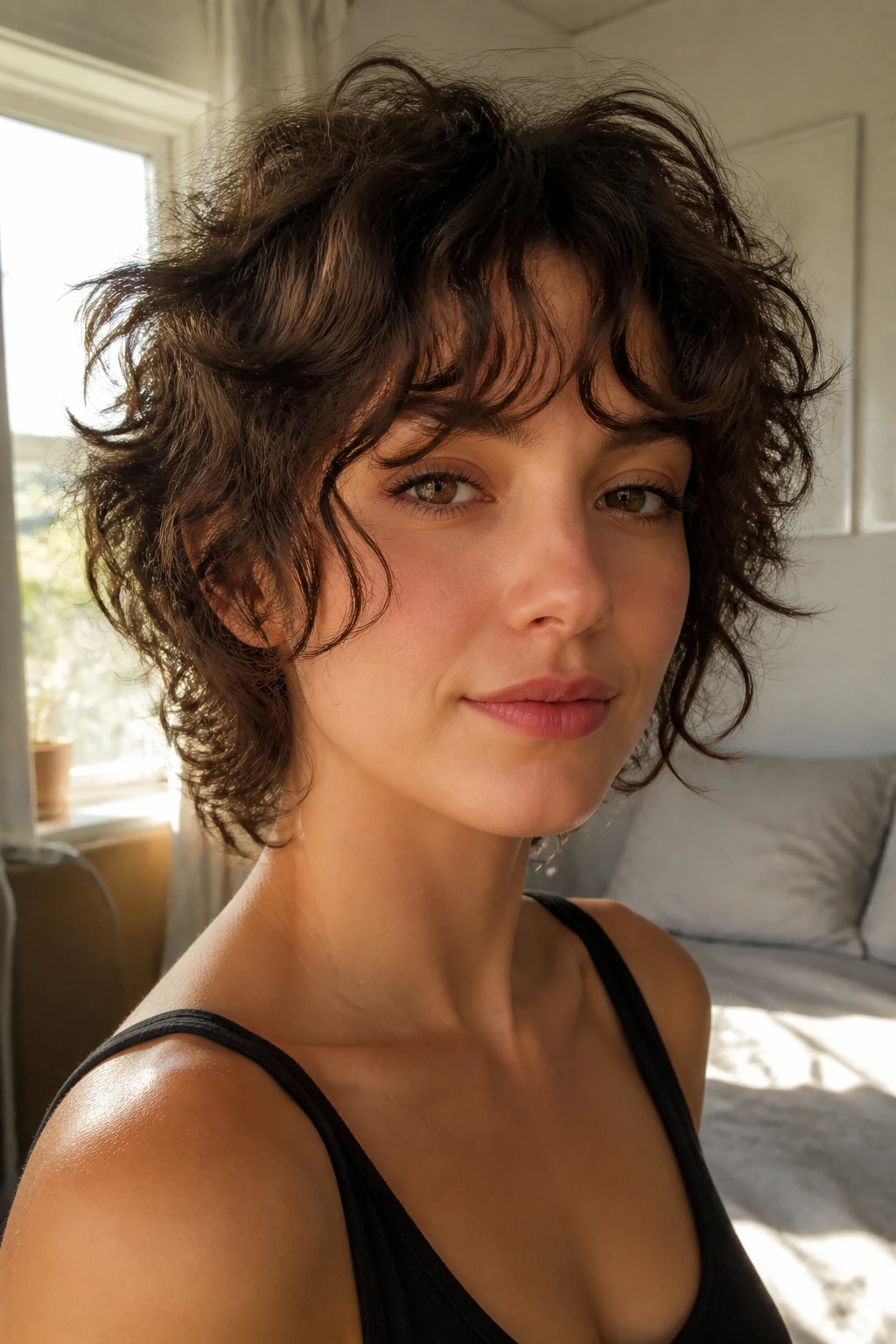Close-up portrait of a real woman with soft shag and cheekbone bangs in natural window light