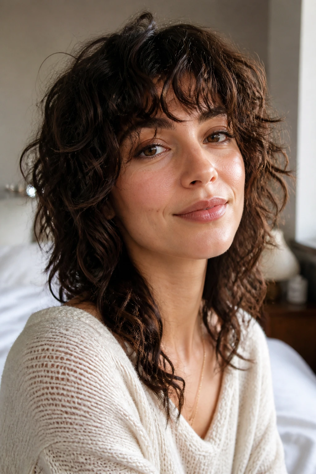 Close-up of soft shag curly fringe hairstyle on a real woman
