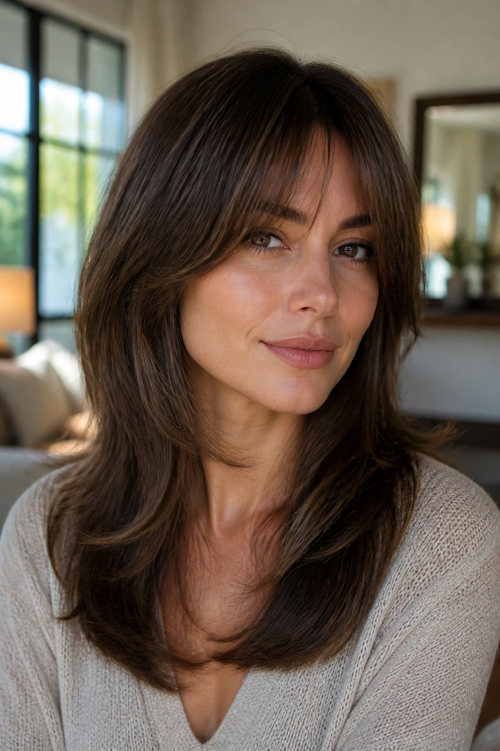 Close-up of real woman with soft shag and curtain bangs in natural light