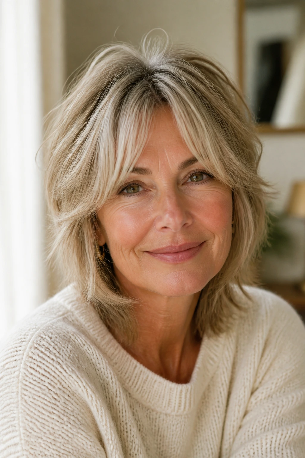 Portrait of a woman with soft shag and curtain bangs in natural light.