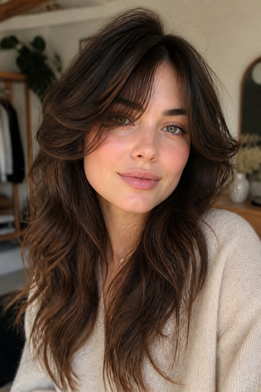 Portrait of a real person with soft shag and curtain bangs showing variations