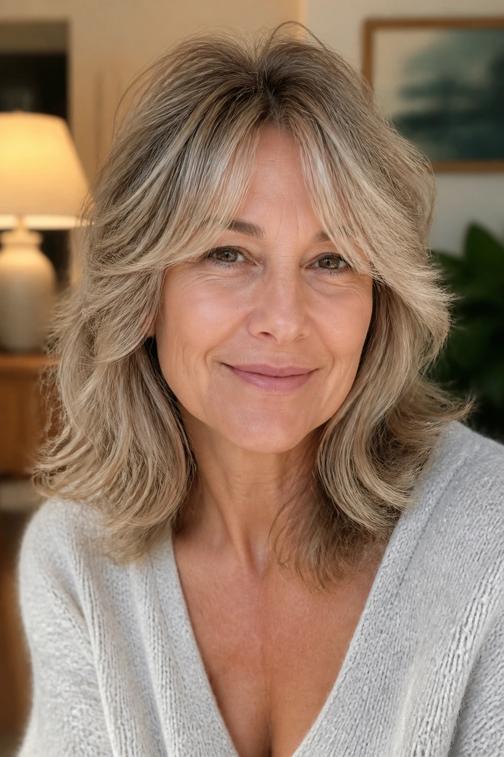 Close-up of a woman with a soft shag and curtain fringe hairstyle