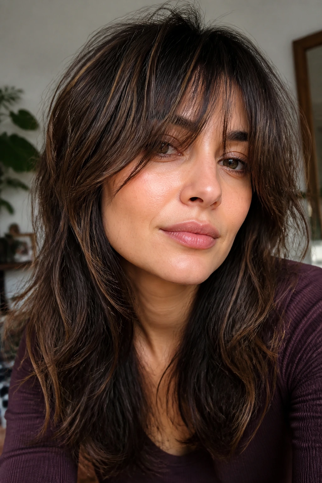 Soft shag hairstyle with espresso ribbons on a real person.