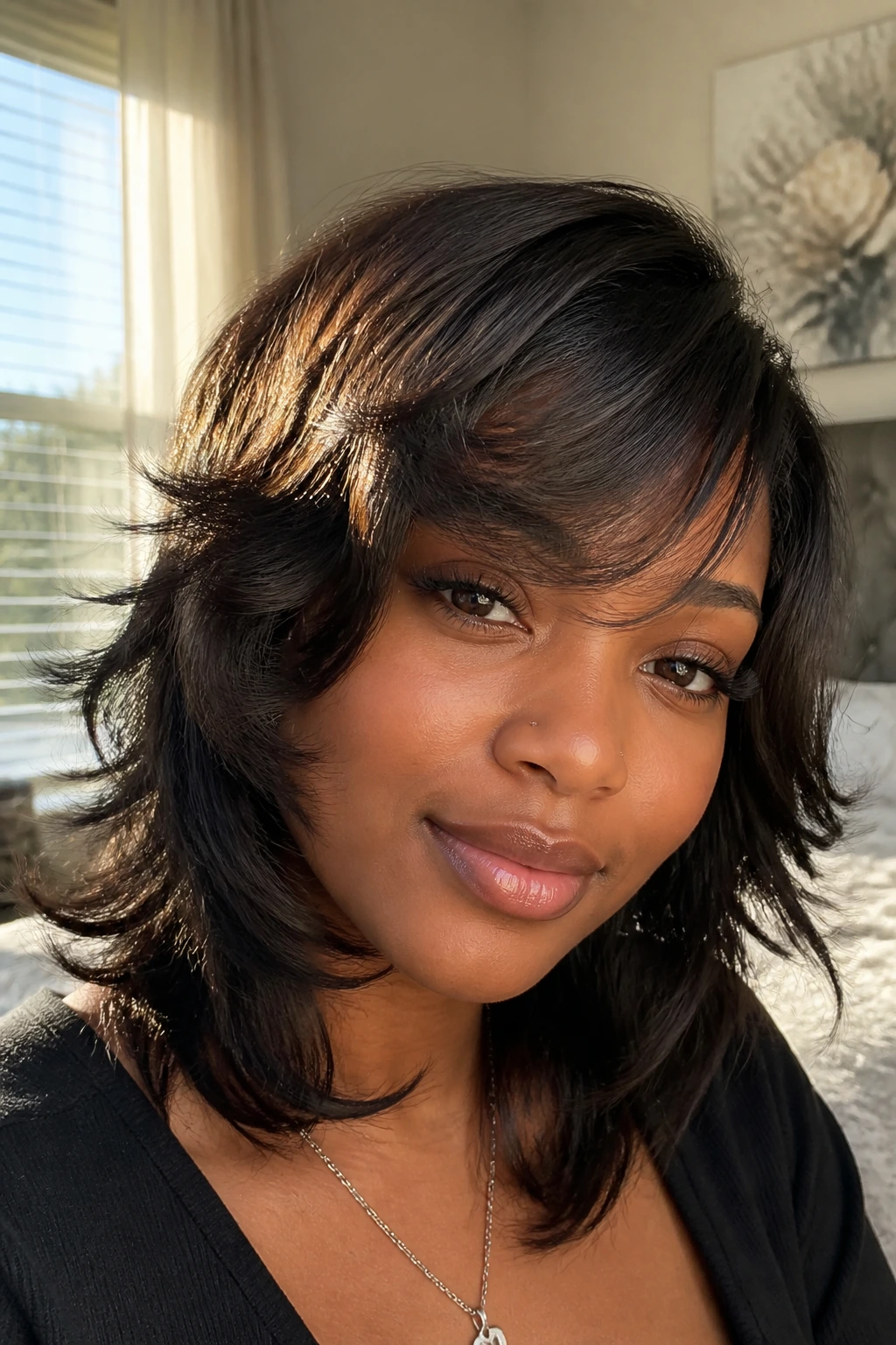 Close-up of a real woman with a soft shag and feathered side bang in warm window light