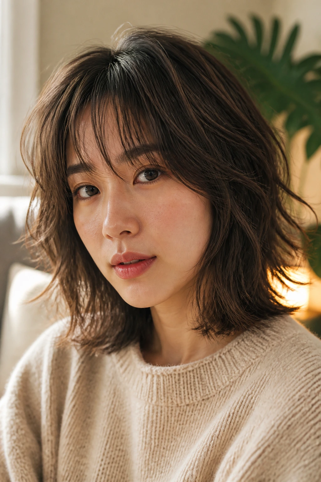 Portrait of a real woman with soft shag bob and feathered curtain bangs