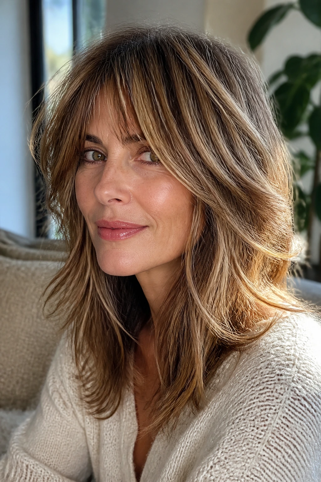 Portrait of a real woman with a soft shag hairstyle and feathered ends accentuated by caramel highlights.