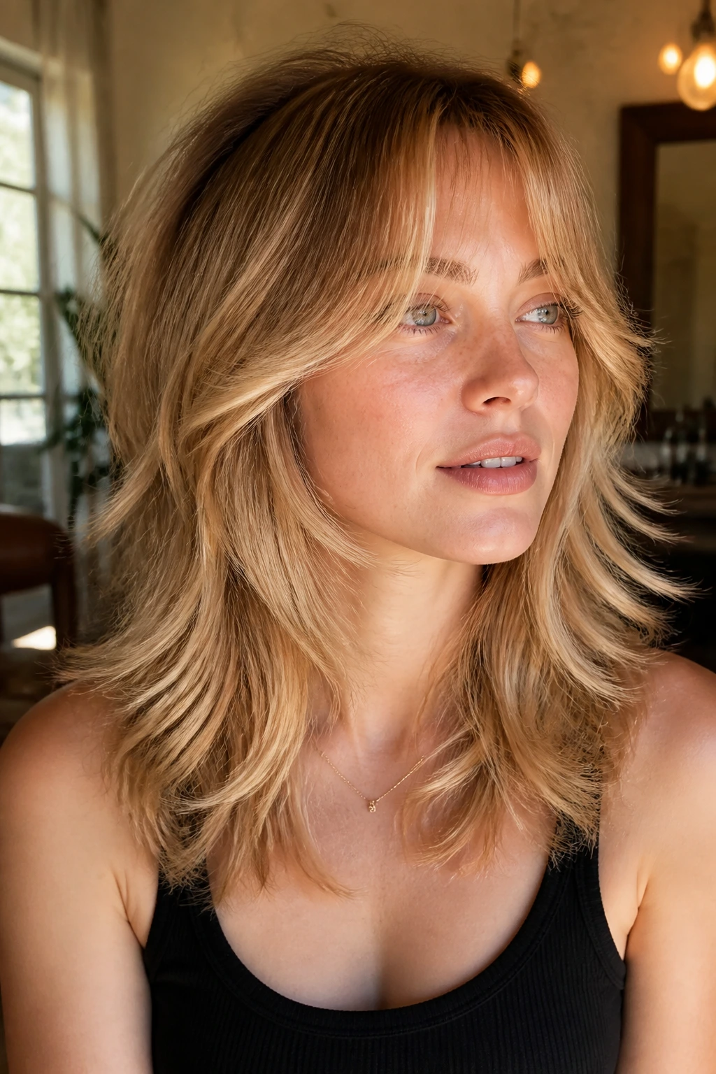 Close-up of a real woman with soft shag and warm feathering