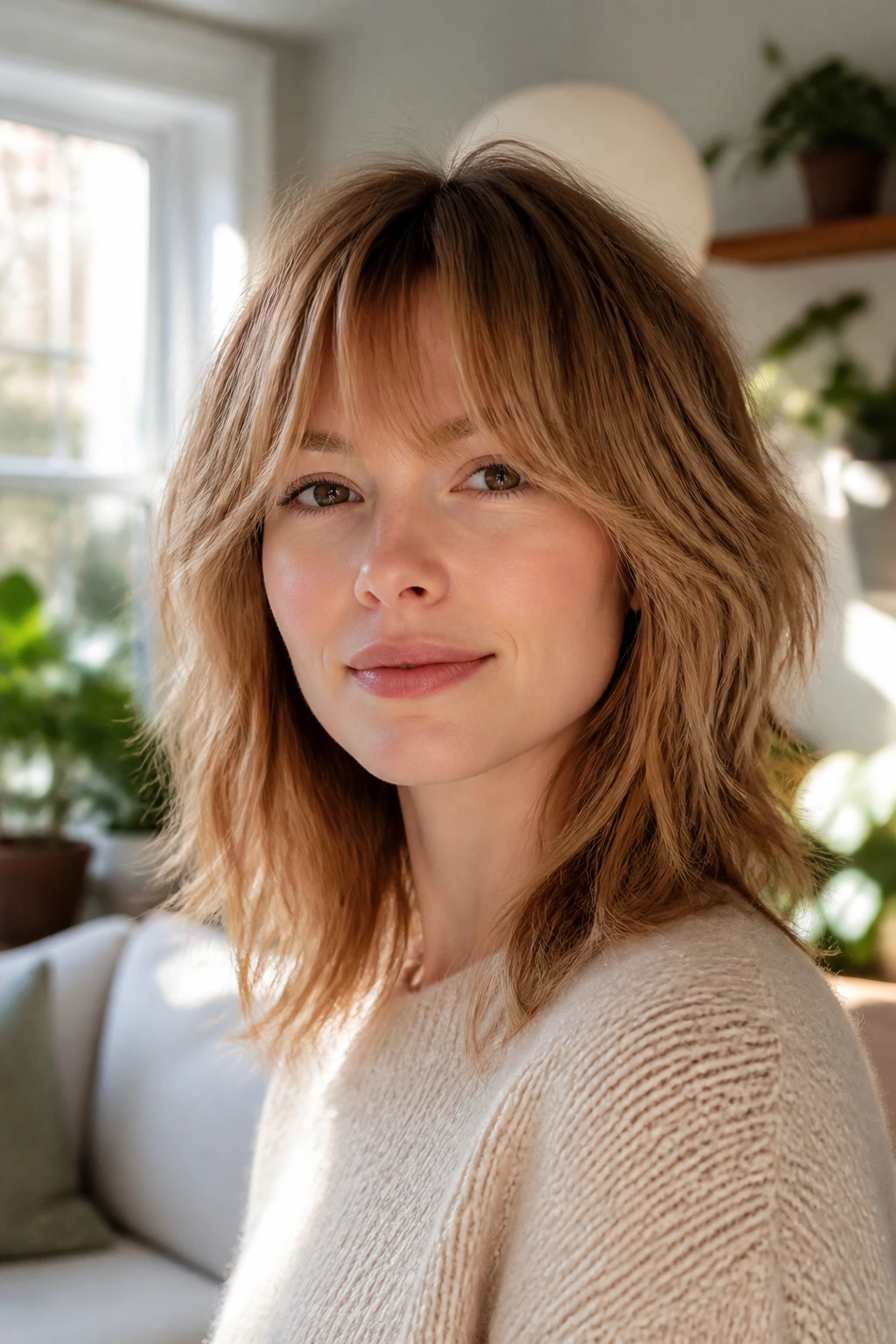 Close-up of a real woman with soft shag on fine hair in bright living room