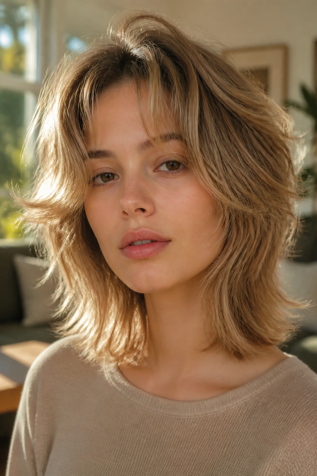Real person with soft shag and airy crown in sunlit living room