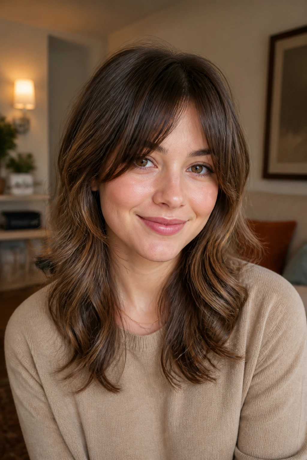 Portrait of a real person with a soft shag haircut and flat roots